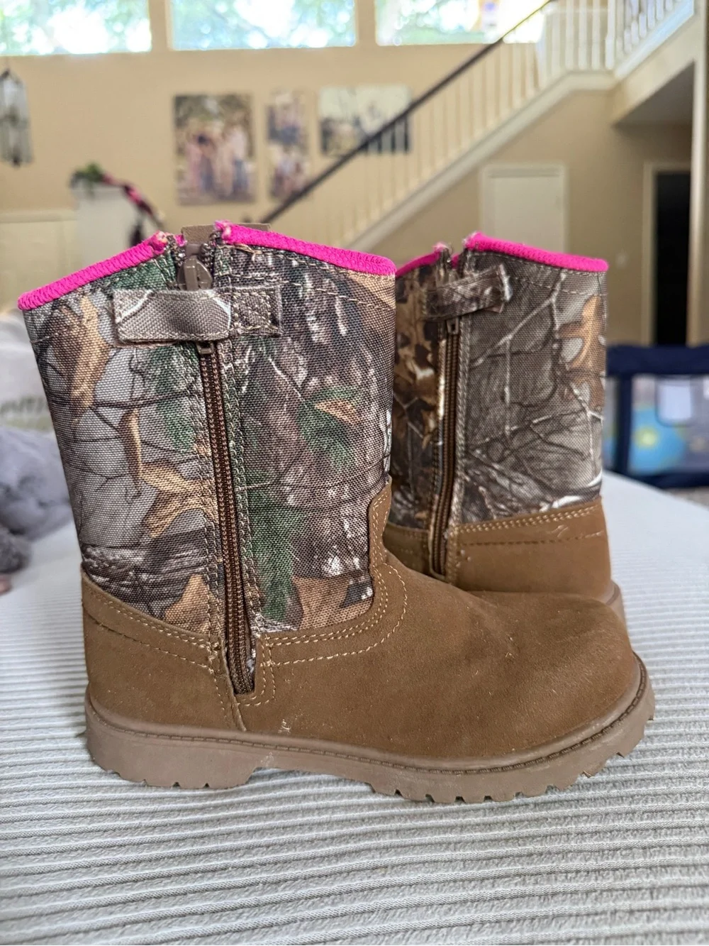 Magellan Outdoors Kids Brown Suede & Camo Boots with Pink Trim